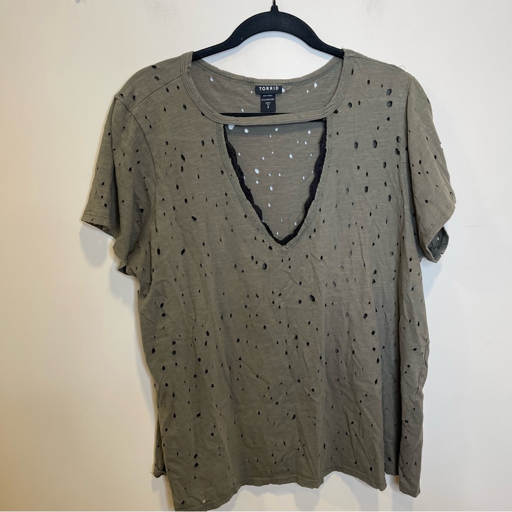 Torrid Green and black Short Sleeve Distressed Open Holes T Shirt